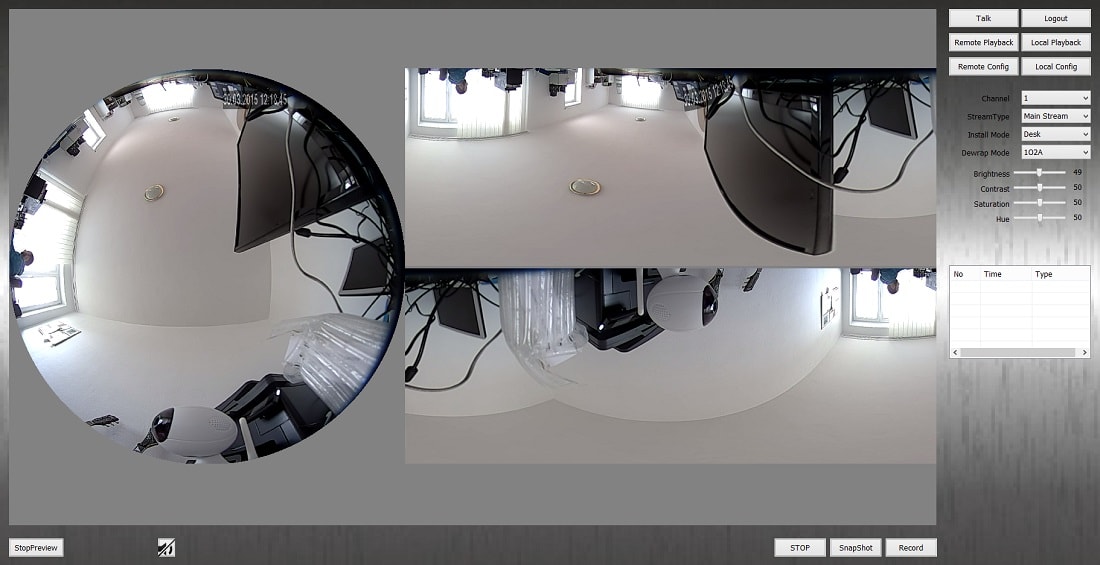 360° kamera, montáž na stole, dewarp zobrazenie 1o2a