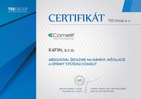 Certifikát comelit K4FIN, s.r.o.
