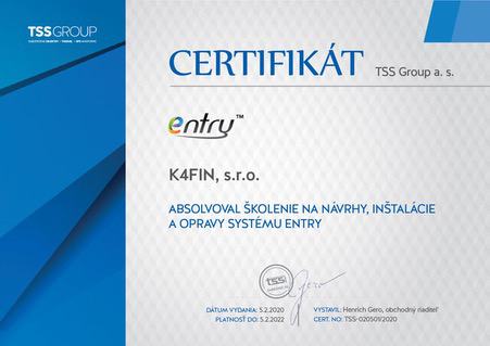 Certifikát entry K4FIN, s.r.o.