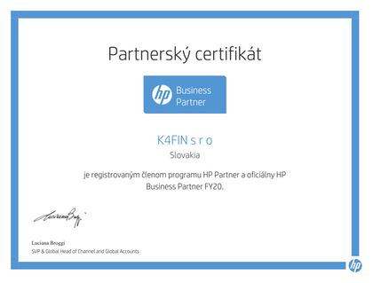 Certifikát HP Business Partner K4FIN, s.r.o.