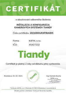 Certifikát Tiandy K4FIN, s.r.o.