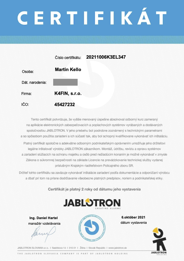 Certifikát Jablotron K4FIN, s.r.o.