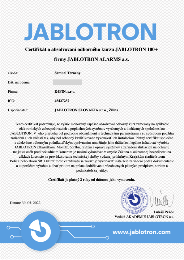 Certifikát Jablotron K4FIN, s.r.o.
